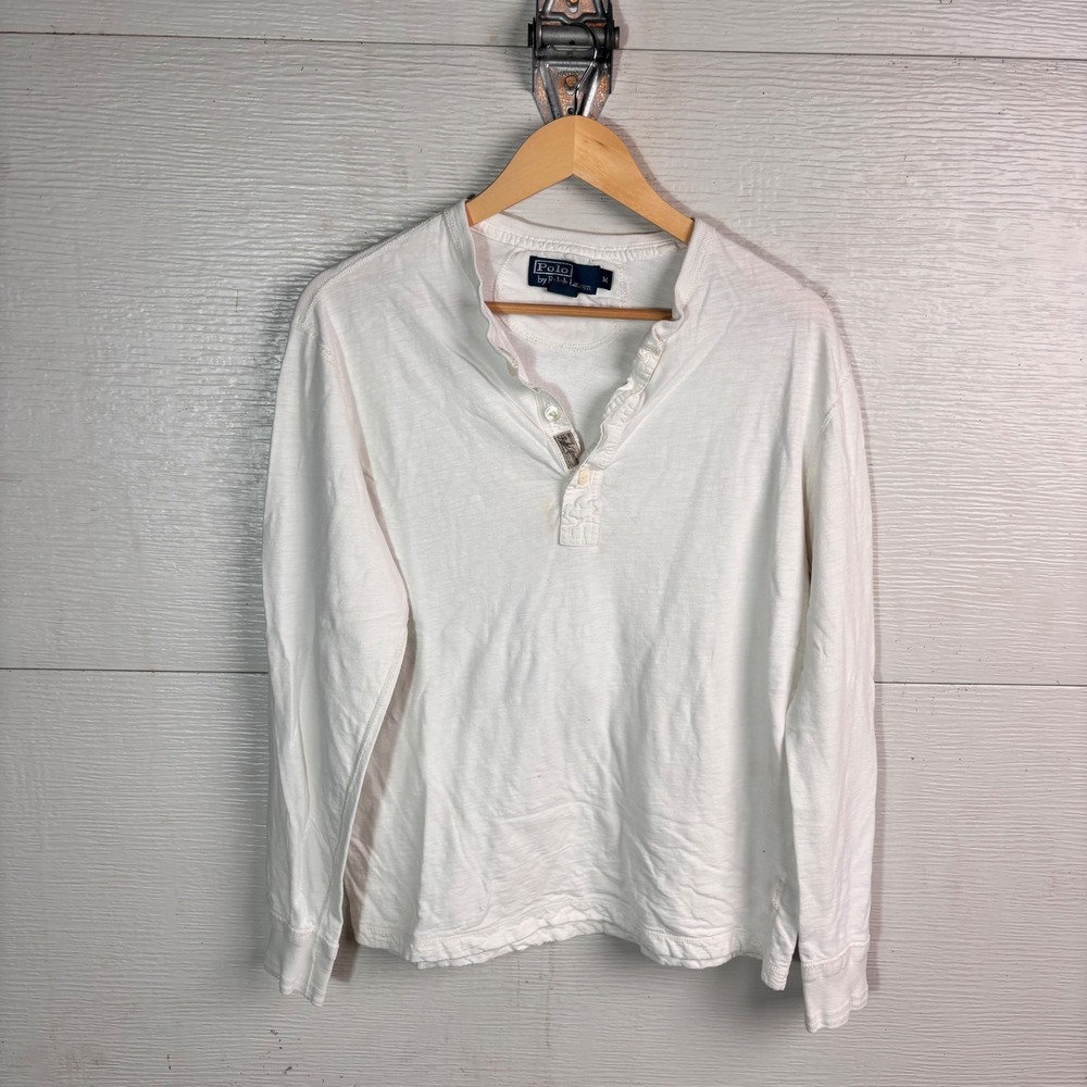 Polo Ralph Lauren White Henley Long Sleeve Shirt Medium Preppy Slub Cotton